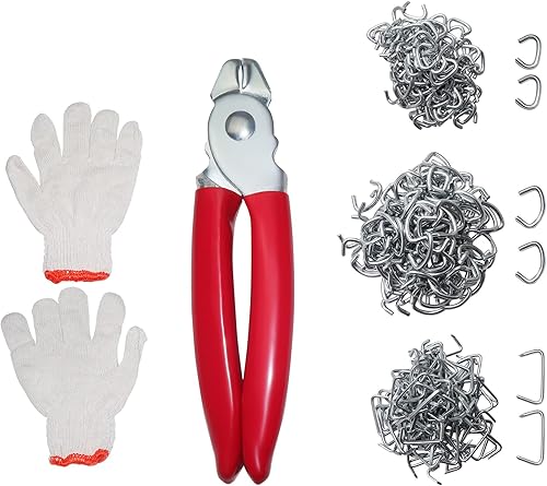 AOMIKITSTU Hog Ringzangen Set, 1 Stück Hog-Ringzangen und 360 Stück Hog-Ring, mit 1 Paar Protective Gloves, Hog Ring Pliers Set für Möbelbezüge, Tierkäfige, Hühnerställe, Zaunpflege - Cheap-Us