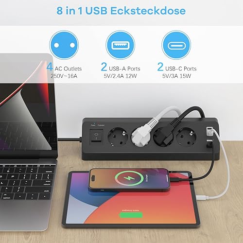 Ecksteckdose mit 2 USB und 2 Type-C, 4 Fach Mehrfachsteckdose mit Schalter, Steckdosenleiste Überspannungsschutz mit 2M Kabel für Küche (Schwarz) - Cheap-Us