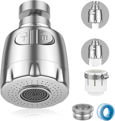 Vinabo Belüfter für Wasserhahn, 360 ° drehbar, Düse für Küche, Spüle, mit Filter, 2 Modi, Luftsprudler für Wasserhahn, Zerstäuber, für Küche, Silber - Cheap-Us
