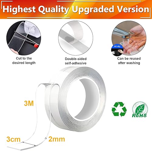 Doppelseitiges Waschbares Spurloses Klebeband,Transparent Entfernbares Wiederverwendbares Klebestreifen, Extra Starke Klebekraft Wasserdichtes, rutschfest Multifunktionales (3M x 3CM x 2MM) - Cheap-Us