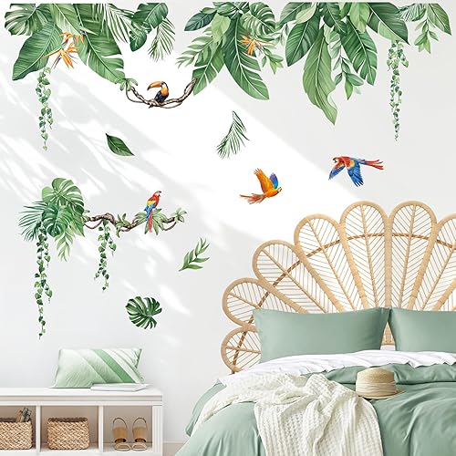 decalmile Wandtattoo Boho Tropische Blätter Wandaufkleber Palme Blätter Retro Blumen Grüne Pflanzen Vögel Wandsticker Wohnzimmer Schlafzimmer TV Wand Wanddeko - Cheap-Us