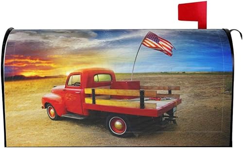 Roter Vintage-Pickup-Truck mit amerikanischer Flagge Briefkastenabdeckungen Magnetische Briefkastenhüllen Postbriefkastenabdeckung Standardübergröße 21 x 18 Mailwrap Garden Home Decor - Cheap-Us