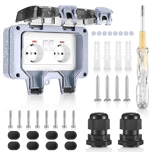 Außensteckdose IP66 Wetterfest,Gartensteckdose Aufputz Schutzkontakt,Outdoor Steckdose 2fach mit Klappdeckel,Staubdicht Steckdose,für Feuchtraum Garten den Aussenbereich,Garage - Cheap-Us