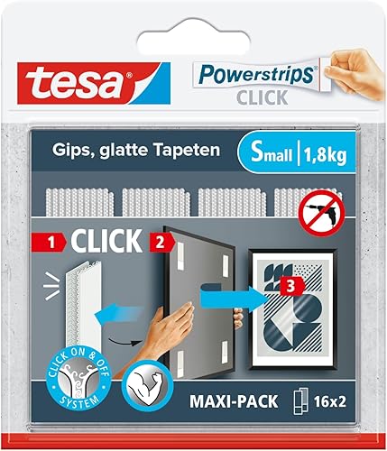 tesa Powerstrips CLICK - Klett-Klebepads zum An- und Abklicken von Bilderrahmen und Wanddekorationen ohne Bohren - selbstklebende Klettband-Strips mit ON und OFF Click-System - Small - 16 x 2 Stück - Cheap-Us