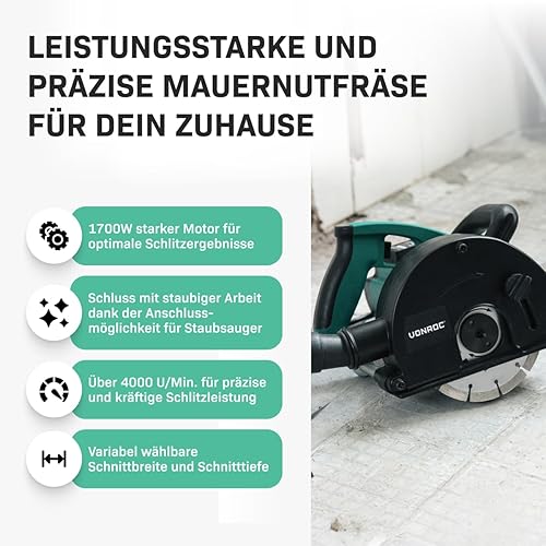 VONROC Schlitzfräse Mauernutfräse mit Absaugung [1700W] - Nutfräser für Kabelnut [14/19/29mm] - Schlitzmaschine 150mm mit Schnittiefe [4-40mm] inklusive 4 Diamantscheiben - Cheap-Us