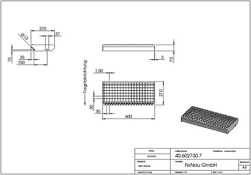 Fenau – 600 x 240 mm - Gitterrost-Stufe (R11) XSL, MW: 30/30 mm, verzinkt, Stahl-Treppenstufe nach DIN-Norm, Fluchttreppen geeignet, Anti-Rutsch-Wirkung - Cheap-Us