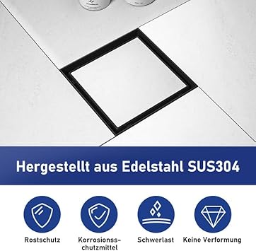 Bernkot Duschrinne Quadrat 15 * 15cm, 360° Siphon mit Geruchsstop und Haarsieb 2 in1 Befliesbar Edelstahl Ablaufrinne Bodenablauf Duschablauf sehr flach DN50 DN40，Schwarz, 15CM-SCHWARZ - Cheap-Us