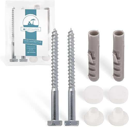 Calmwaters® Befestigungsset für Stand-WCs, Stand-Bidets und Badablagen, Set zur WC-Montage, 2 Schrauben 6 x 70 mm mit Dübeln 8 mm, Abdeckkappen in Weiß, Kunststoff, verzinktes Metall, 51PM4670 - Cheap-Us