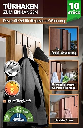 4smile Türhaken - 10er Set, Weiss - Edelstahl Türhaken zum Einhängen universell verwendbar, Türgarderobe zum Einhängen - Solide Kleiderhaken Tür, Türhakenleiste zum Einhängen - Cheap-Us