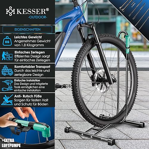KESSER® Fahrradständer Boden einzeln für Mountainbike, E-Bike, Citybike, Rennrad, MTB | Fahrrad Montageständer | Freistehender Fahrradhalter Ständer Eisen | Reifenbreite bis 65mm | Inkl. Luftpumpe - Cheap-Us