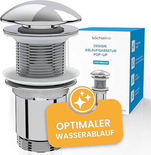 Bächlein Design Ablaufgarnitur ohne Überlauf (Chrom) - Pop Up Ventil aus Messing mit innovativer Kappenform gegen Wasserflecken Kalkränder - Cheap-Us