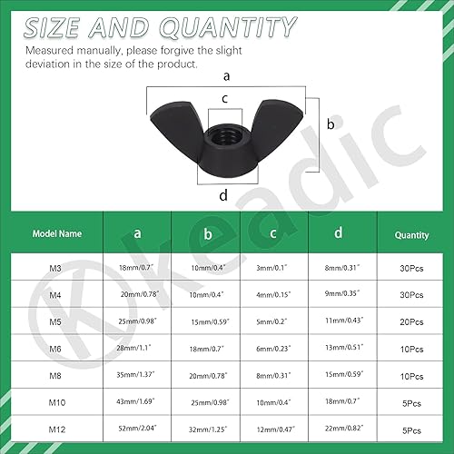Keadic 110Pcs Nylon Metrische Flügelmuttern Sortiment Set, M3 M4 M5 M6 M8 M10 M12 Hand Twist Festziehen Ohr Schmetterling Mutter Flügelmuttern für Home Building Industry (Black) - Cheap-Us