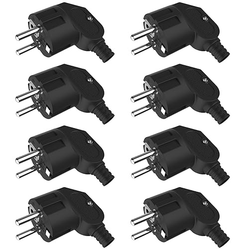 Asfrode 8 Stücke Schuko Stecker, 250V 16A Stromstecker mit Knickschutztülle und Zugentlastung Winkelstecker für Den Innenbereich Schutzkontakt Spritzwassergeschützt Langlebig Bruchfest (Schwarz) - Cheap-Us