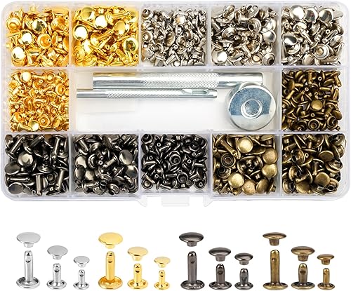 EXIN DEHCEN Nieten für Leder Nieten Set, 360 Stück Lochzange Hohlnieten Set für Leder, Metallniete Doppelkappe mit Nietenzange 3 Werkzeug für DIY Handwerk, Reperatur Dekoration, Gold Silver Bronze - Cheap-Us