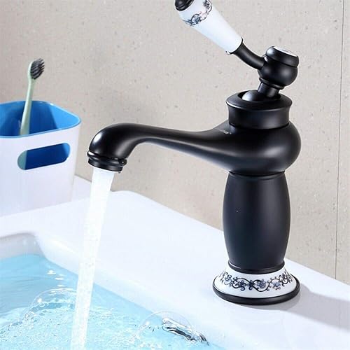 Antike Retro Messing Mischbatterie Wasserhahn Vintage Porzellan Waschbeckenarmatur Einhebelmischer Bad Küche Armatur (Schwarz) - Cheap-Us