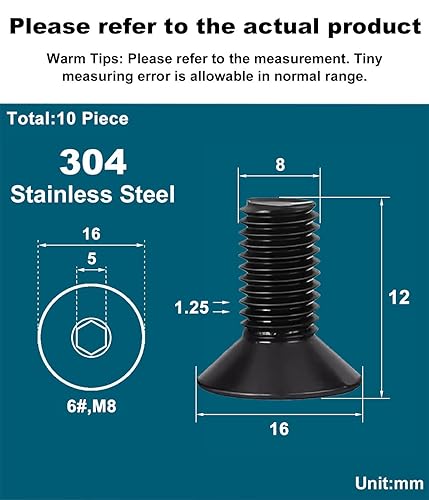 Drenky M8 X 50mm Senkkopfschrauben mit Innensechskant Schwarz Edelstahl V2A VA A2 Senkschraube DIN 7991 / ISO 10642 Vollgewindeschrauben Rostfrei Screws Metrisches Regelgewinde, 10 Stück - Cheap-Us