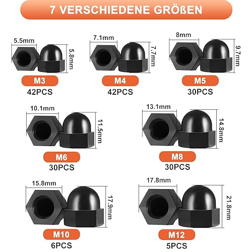 Hutmuttern Hohe Form Set 185Stk M3/M4/M5/M6/M8/M10/M12 Sechskant Hutmuttern Verzinkt Hutmutter Korrosionsbeständigkeit Kuppelmuttern Hutmuttern für Möbel Fahrzeugbefestigungen(Silber/Edelstahl) - Cheap-Us
