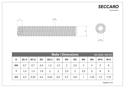 SECCARO Gewindestift mit Kegelkuppe M6 x 40 mm, Edelstahl V2A VA A2, DIN 913 / ISO 4026, Innensechskant, 20 Stück - Cheap-Us