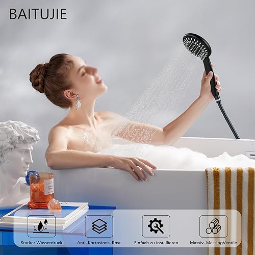 BAITUJIE Badewannenarmatur Schwarz, Mischbatterie Badewanne mit 3 Funktionen Handbrause Wasserhahn Bad Schwarz Matt mit 90° Drehbaren Auslauf Armaturen Badewanne - Cheap-Us