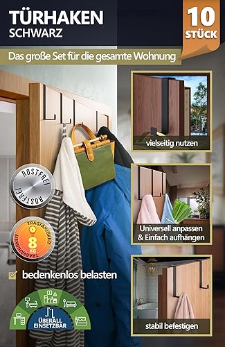 4smile Türhaken zum Einhängen - 10er Set solide Kleiderhaken Tür - Einzeln verwendbare Haken zum Einhängen, formstabile Türhakenleiste, universelle Türgarderobe, Fb. Schwarz - Cheap-Us