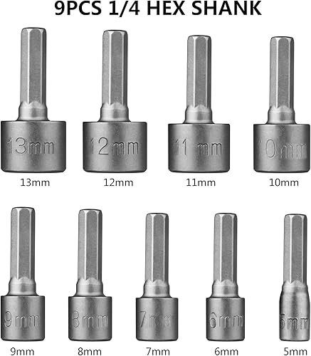 HPHOPE 9 Stück Steckschlüssel Set 5mm-13mm Stecknuss Bit Adapter 1/4 Zoll Sechskantschaft für Bohrer oder Akkuschrauber - Cheap-Us
