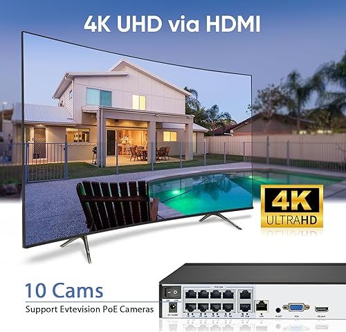 Evtevision 10 Kanal 4K NVR Überwachungssystem Rekorder, 10CH PoE NVR Recorder für 8MP/6MP/5MP/4MP/1080p/720p PoE IP Kamera, unterstützt ONVIF, HDMI/VGA Ausgang, Fernzugriff, H.265+, ES-N1710P - Cheap-Us