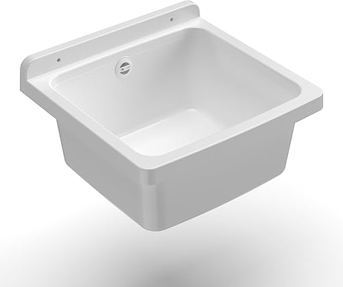 Adventa: Wanne aus PP-Kunstharz, Wandbefestigung, kompakt, mit Siphon und Ablaufgarnitur, beständig gegen Säuren, Waschküche, Garage, Außenbereich, 40 x 40 x 19 cm, weiß - Cheap-Us