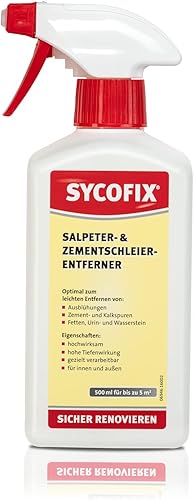 SYCOFIX Salpeter- & Zementschleierentferner, Spezialreiniger für Ausblühungen, Zement- und Kalkspuren, Fette auf Putz, Ziegel, Beton, Naturstein, auch als Urinstein Löser anwendbar 500ml - Cheap-Us