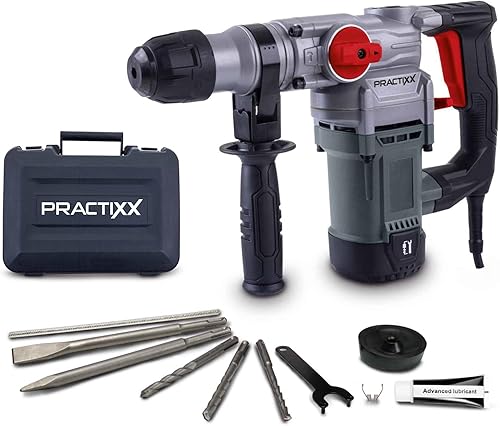 Practixx SDS-Plus Bohrhammer PX-BH-7V | 7 Joule Schlagkraft | 1500W Bohrmaschine | 6 variable Geschwindigkeiten 0-920 U/min | 4250BPM | 3m Kabel & 32mm Bohrleistung | mit Koffer, Bohrer & Adapter - Cheap-Us