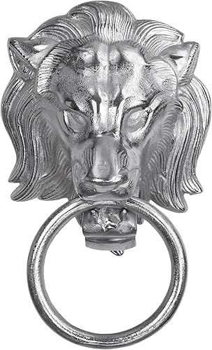 WOMO-DESIGN Handtuchhalter Löwenkopf mit Ring, aus Aluminium vernickelt, Unikat, Silber, (BxH): 10x31 cm, Designer Löwenkopf, Handtuchring Türklopfer Löwe Lion Wandfigur WC Bad Dekoration Accessoire - Cheap-Us
