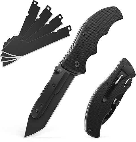 Swiss+Tech Taschenmesser, Klappmesser, Abgenutzter Stil, mit G10 Griff, Jagdmesser mit Taschenclip, Outdoor Messer für Camping, Jagd und Wandern, Schwarz - Cheap-Us