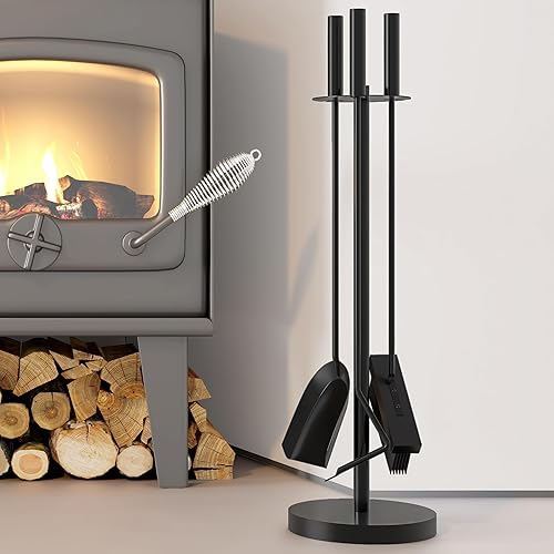 Kingson Kaminwerkzeug-Set mit Bürste, Schaufel und Schürhaken, Durchmesser 17,5 x 59,5 cm, langlebiges Holzbrenner-Zubehör und Kaminbegleiter-Set, Schwarz - Cheap-Us
