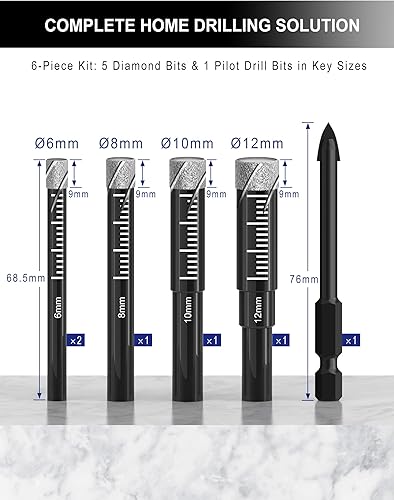 Farhigh Fliesenbohrer Set Diamantbohrer Glasbohrer 7 tlg. 6/6/8/8/10/10/12mm & 6/6mm Karbid-Anbohrer, für Keramik, Granit, Glas, Porzellan, Fliesen, harte Fliesen, Feinsteinzeug, Marmor - Cheap-Us