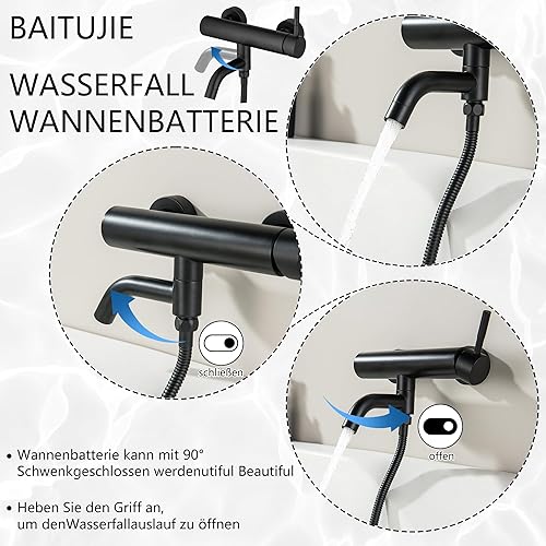 BAITUJIE Badewannenarmatur Schwarz, Mischbatterie Badewanne mit 3 Funktionen Handbrause Wasserhahn Bad Schwarz Matt mit 90° Drehbaren Auslauf Armaturen Badewanne - Cheap-Us