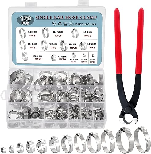 HSEAMALL 150PCS Edelstahl Einohr-Schlauchschellen mit Schlauchklemmzange, 12 Größen 6-33 mm Rohr-Schlauchschelle Kraftstoffleitung Clip - Cheap-Us