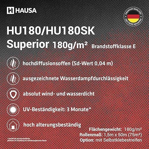 HAUSA Unterspannbahn Dach Superior HU180 180g/m² 37,5m² (1,5mx25m) Dachfolie ohne klebestreifen hochdiffusionsoffene wasserdichte Unterdeckbahn witterungs- alterungsbeständig reißfest Schalungsbahn - Cheap-Us