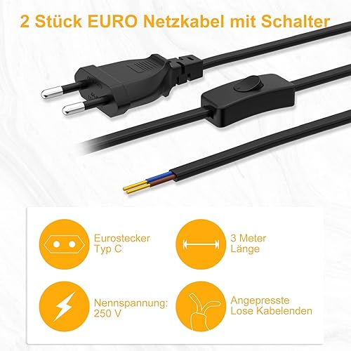 Euro Netzkabel mit Schalter [2 Stück], 3 Meter Euro Stecker Stromkabel, 2 X Ersatzkabel Anschlusskabel mit Schalter Typ C, 2 x 0,75 mm², für Leuchten, Lampen, Leuchtmittel, Schwarz - Cheap-Us