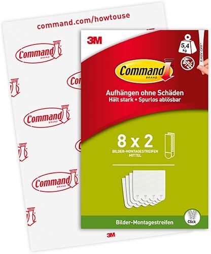 Command Klebestreifen, Packung 8x2 Mittel (16 Strips), Weiß - Bilder Aufhängen ohne Bohren, Streifen halten bis zu 5,4 kg, Rückstandsfreies Ablösen - Cheap-Us