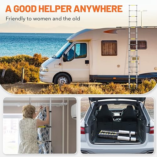 FEETE 3.8m Teleskopleiter, Aluminium-Leichtbau-Ausziehleiter mit rutschfesten Füßen, tragbare Dachbodenleiter, Heavy Duty RV zusammenklappbare Leiter für RV, Haushalt, Outdoor-Arbeiten(3.8M) - Cheap-Us
