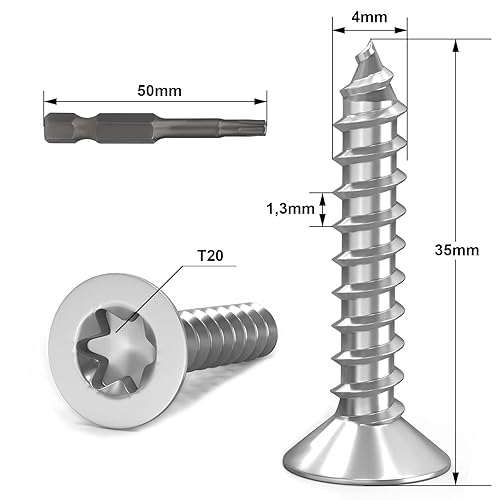 Dayalo 50 Stück M6x20 Schrauben, Senkkopfschrauben Holz, Holzschrauben Torx, Edelstahl A2 V2A, Vollgewinde, mit Schraubendreher Bit - Cheap-Us