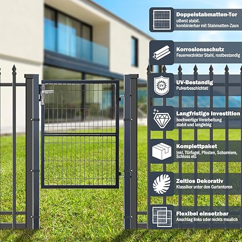 Cecaylie 120x100cm Gartentor, Metall-Gartentor aus verzinktem Stahl, Gartentür für Heckeneinfriedung, Zauntor, Hoftor, inkl. Edelstahlgriff und 3 Schlüsseln, Anthrazit - Cheap-Us