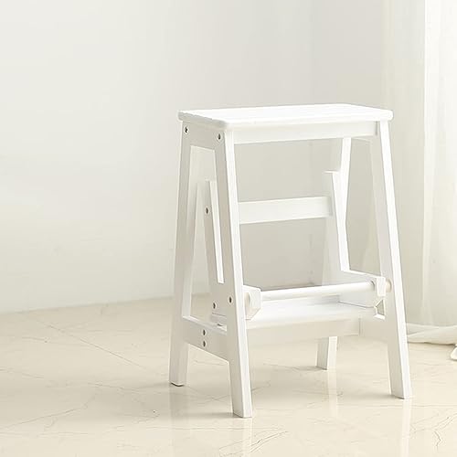 Tritthocker LeiterStuhl Stiefhocker Zweistufige Trittleiter, Treppenstuhl Holz große Schritte Leiter Multifunktions-Klappküchenschritt Rennstrebendruckschuhbank/Blumengestell, weiß - Cheap-Us