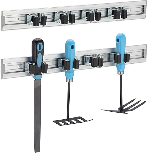 Relaxdays, Silber Gerätehalter Wandhalterung, 2er Set, Besenhalter Wand, je 4 Wandklemmen, für Gartengeräte, Aluminium - Cheap-Us