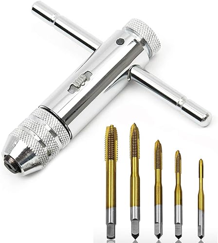 Gewindebohrer Set Gewindeschneider M3 M4 M5 M6 M8 5Stück Ratschengewindebohrfutter HSS Verstellbarer T-Griff Maschinen-Ratschenschraube Gewindefräser Titan-beschichtet Werkzeughalter - Cheap-Us