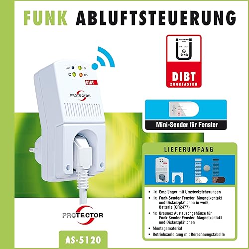 Protector AS-5120 Funk-Abluftsteuerung + Kohlenstoffmonoxid Melder mit Fensterkontaktschalter & Funksteckdose für Dunstabzugshaube & Kamin | Fensterschalter Funk mit DIBT-Zulassung & Umstecksicherung - Cheap-Us