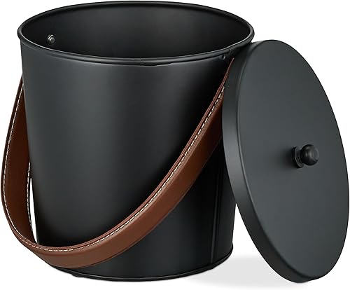 Relaxdays Ascheeimer mit Deckel, 4,5 Liter, Aschetonne mit Lederhenkel, für Kohle & Asche, Kamin, Ofen, schwarz/braun - Cheap-Us