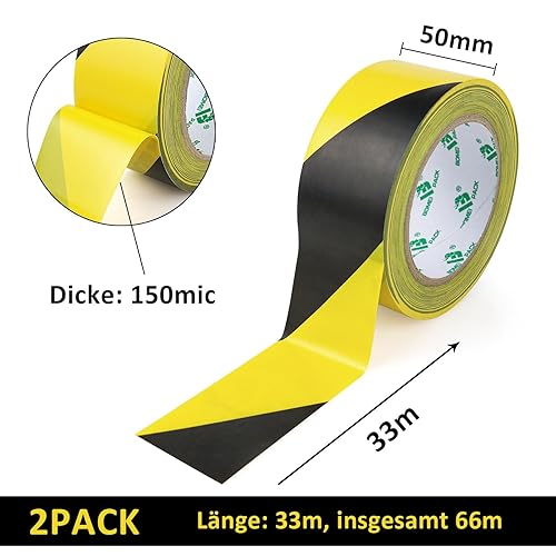 BOMEI PACK Warnklebeband Gelb Schwarz Warnband Gefahr Warnung PVC Für Bodenkennzeichnungen 33m (100mmx33m) - Cheap-Us
