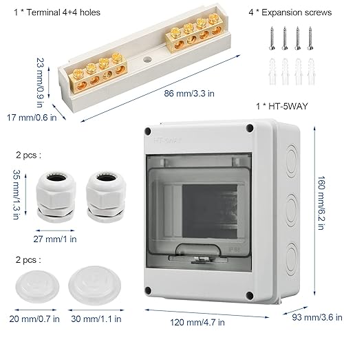 Sicherungskasten Aufputz, Verteiler IP65-1 Reihig-12 Module, Mit 7 Terminals 3 Steckverbinder, Geeignet für Gärten im Freien, Bauernhöfe, Ladesäulen, Feuchtraum (12 Module) - Cheap-Us
