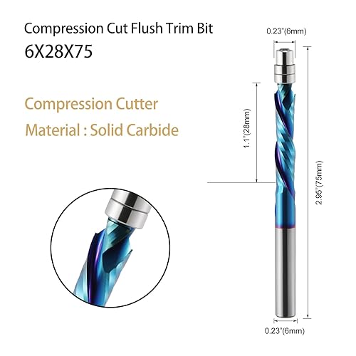 Kompressions-Bündigfräser-Bit, 6mm Schaft, Up & Down Spiral Flush Trim Router Bit Vollhartmetall, 28mm Schnittlänge mit ano Beschichtung, Fräser für Holzbearbeitung - Cheap-Us