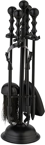 Relaxdays Kaminbesteck, 5-teiliges Set, Schürhaken, Ascheschaufel, Besen, Zange & Ständer, Kamingarnitur, schwarz - Cheap-Us